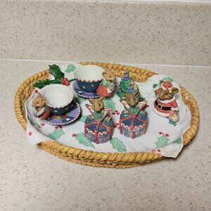 Vintage 90s Miniature Resin Tea Set - Christmas Mouse Basket